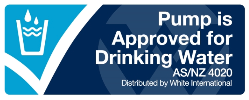 Logo with text 'Pump is Approved for Drinking Water AS/NZ 4020' and a blue and white design.