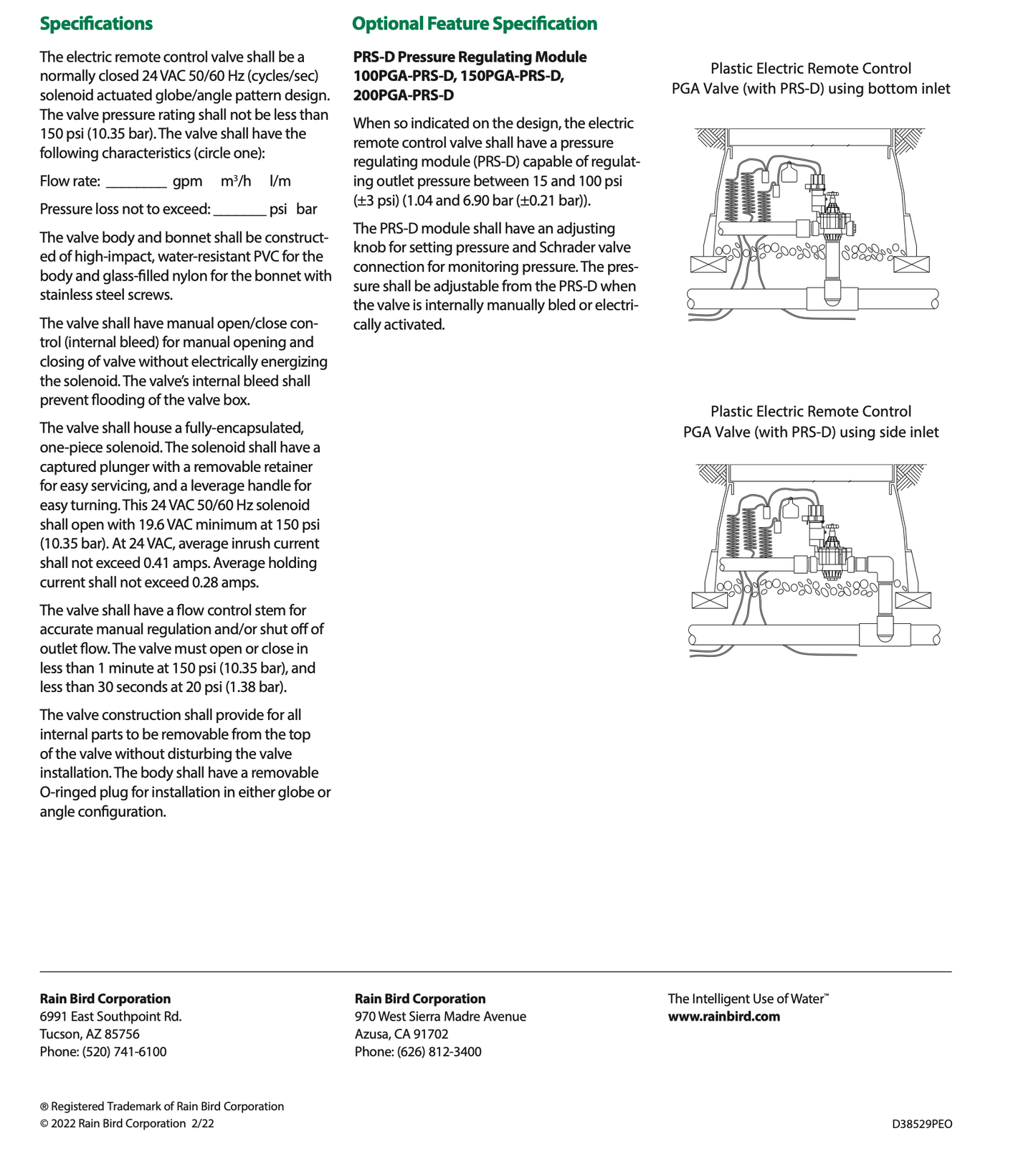 Rain Bird PGA Solenoid Valves Specification Sheet