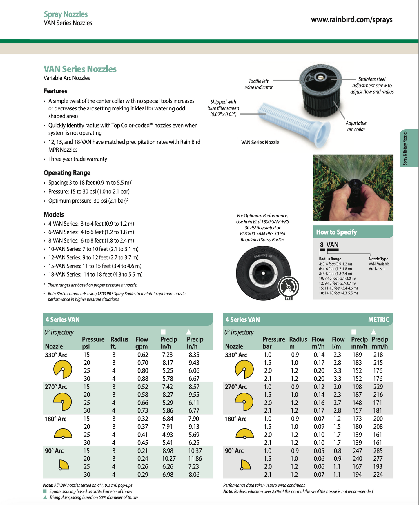 Technical specifications and features of Van Series nozzles with images and text.