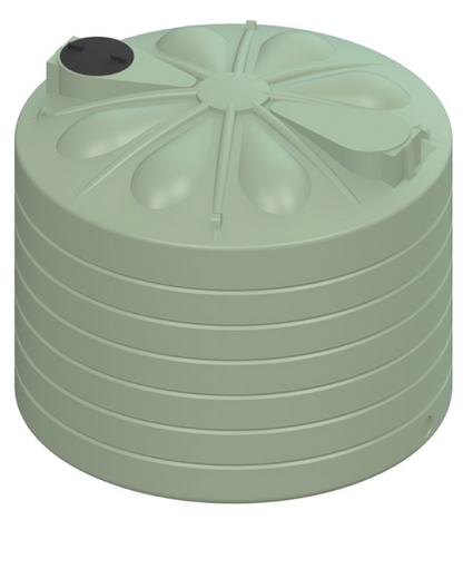 A mist green plastic water tank with a ribbed cylindrical body, a flower-patterned top, and a small black access cap, shown on a plain white background.