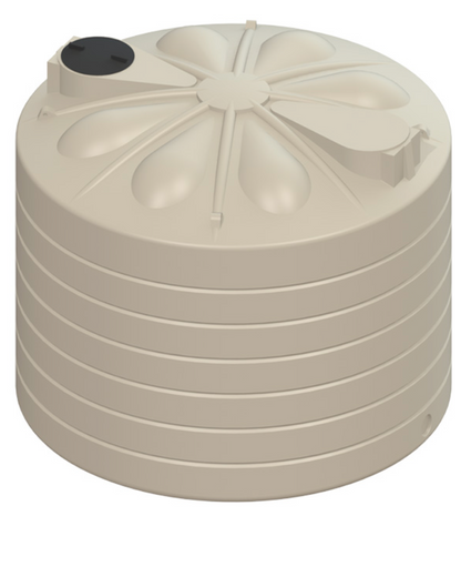 A beige plastic water storage tank with a ribbed cylindrical body, a flower-patterned top, and a black access port, shown on a plain white background.