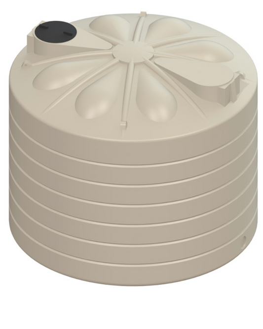 A beige plastic water storage tank with a ribbed cylindrical body, a flower-patterned top, and a black access port, shown on a plain white background.