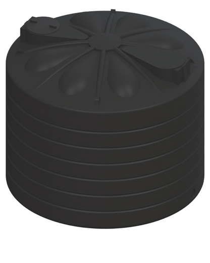 A black plastic cylindrical water tank with a ribbed body and a textured, flower-like pattern on the top lid, shown against a plain white background.