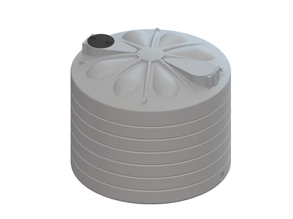 Gray plastic water storage tank with lid on a white background