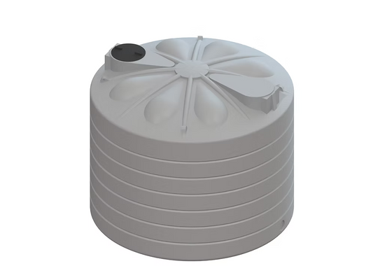 Gray plastic water storage tank with lid on a white background