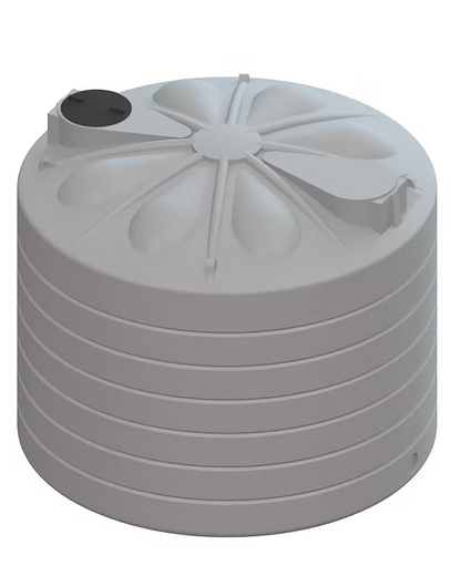 A light gray plastic water storage tank with a ribbed cylindrical body, a domed top, and a circular opening on the upper left, shown on a plain white background.