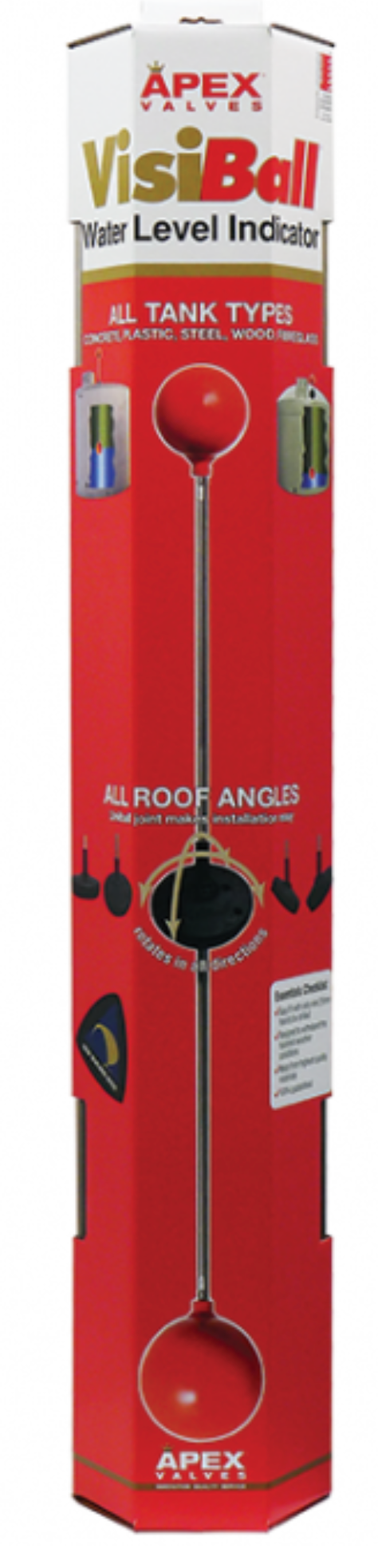 Apex VisiBall Tank Level Indicator in its original red and white retail packaging, featuring a long metal dip tube with a red ball at the top and bottom.