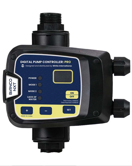Digital NXT PRO pump controller with blue and yellow display on a white background