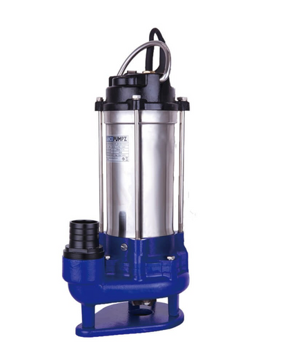 Submersible Bianco Grinder pump with blue base and silver body on a white background