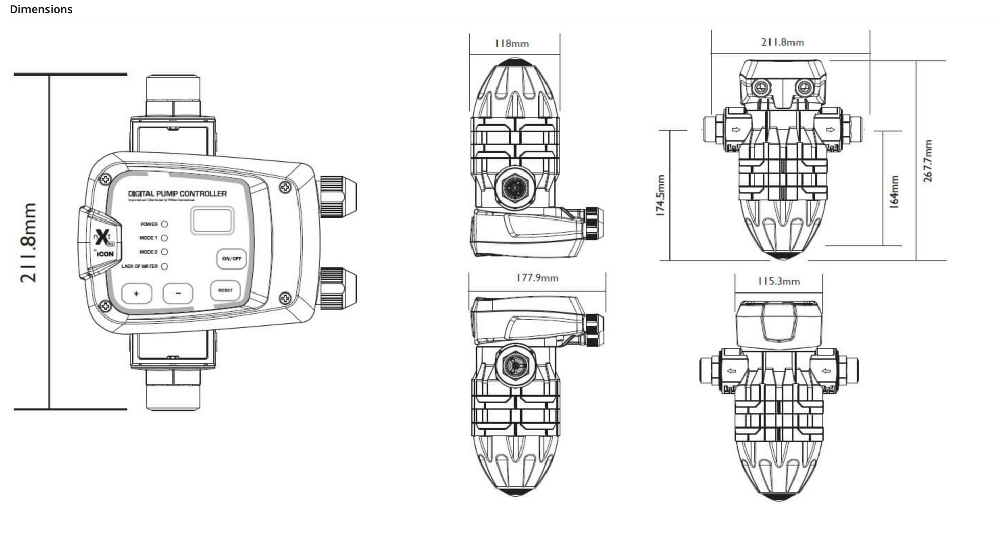 Technical drawing of a Bianco ICON nXt PRO Pump Controller control panel with dimensions on a white background