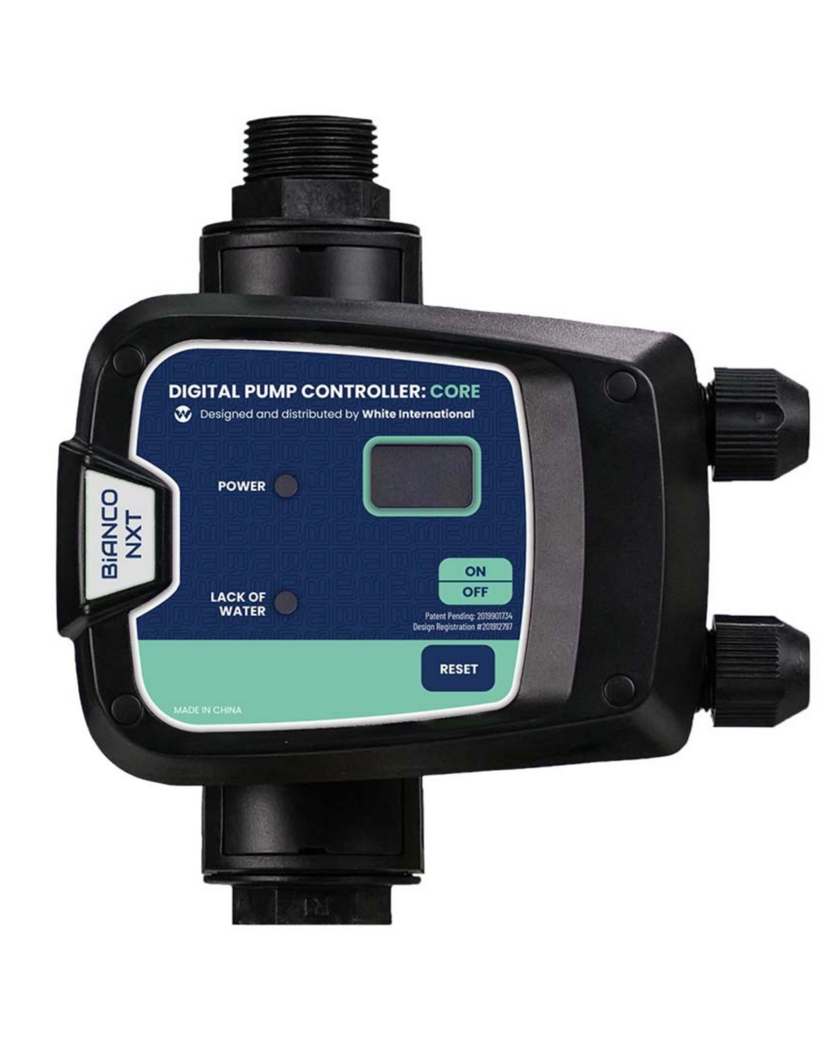 Bianco ICON nXt Series Pump Controller : core with a black housing, teal and white faceplate, and side-mounted burnout exit labels.