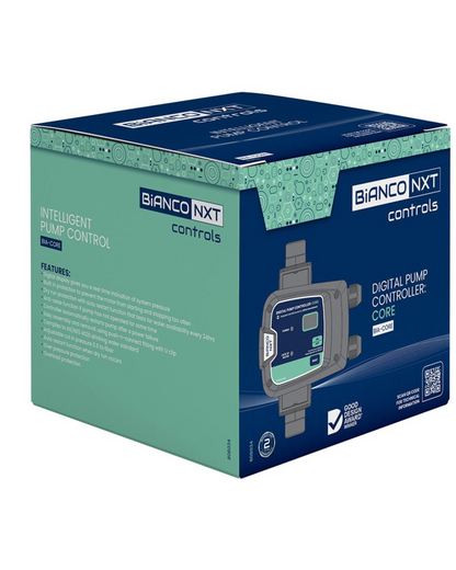 A product box for Bianco NXT Controls Digital Pump Controller: Core, featuring a dark blue and mint green color scheme with a graphic of the controller on the front.