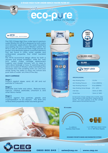 CEG Eco-Pure HF10 three-stage underbench water filter kit brochure