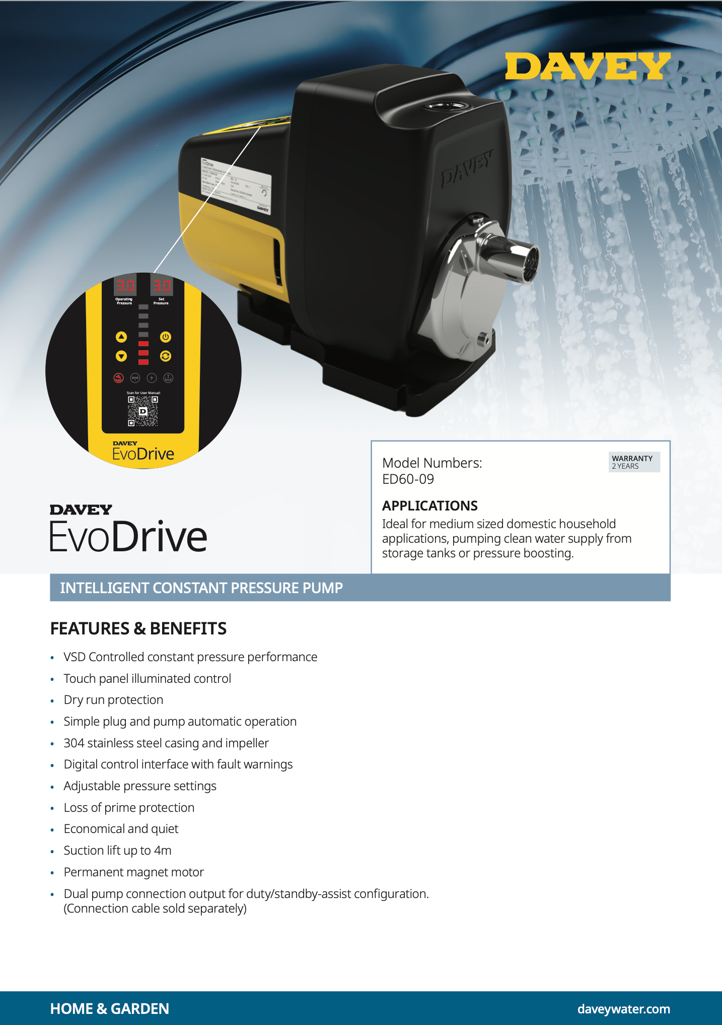 Davey EvoDrive pressure pump with features and benefits listed on a blue and gray gradient background.