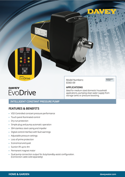 Davey EvoDrive pressure pump with features and benefits listed on a blue and gray gradient background.