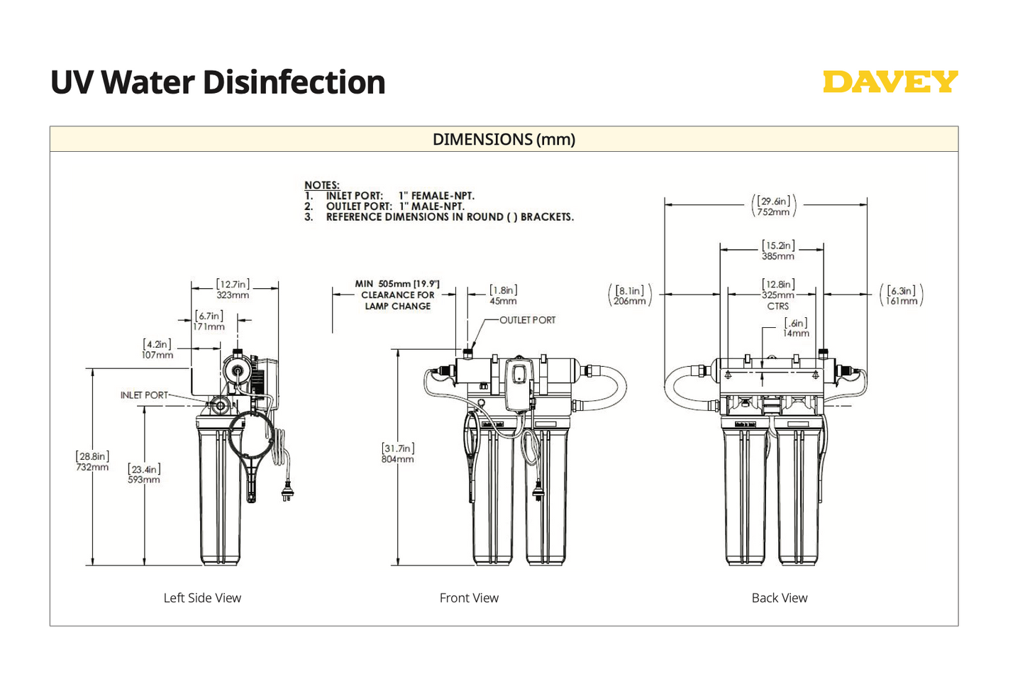 Technical dimension diagram of a UV water disinfection filter system by Davey, showing left side, front, and back views with measurements in millimeters on a white background.