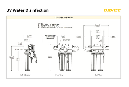 Technical dimension diagram of a UV water disinfection filter system by Davey, showing left side, front, and back views with measurements in millimeters on a white background.