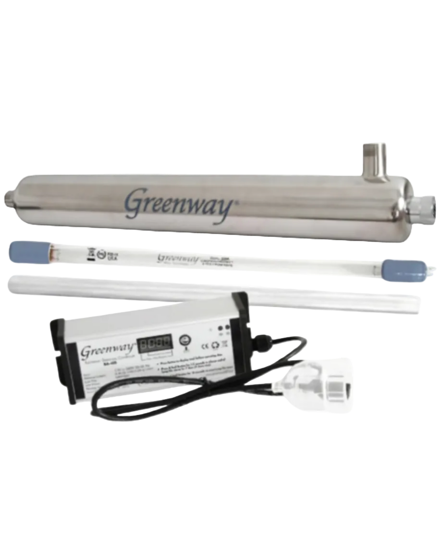 Greenway UV water purifier kit including a stainless steel canister, glass UV tube, quartz sleeve and a power supply on a white background.