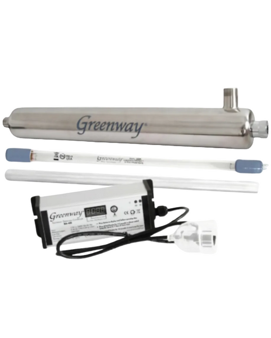 Greenway UV water purifier kit including a stainless steel canister, glass UV tube, quartz sleeve and a power supply on a white background.