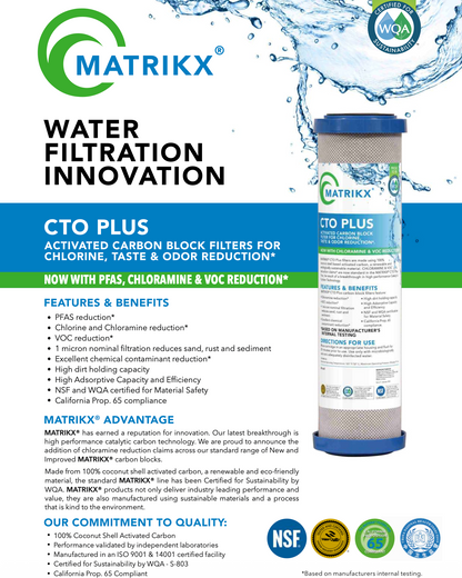 Matrikx CTO Plus water filtration cartridge with branding and certification logos on a blue and white background.