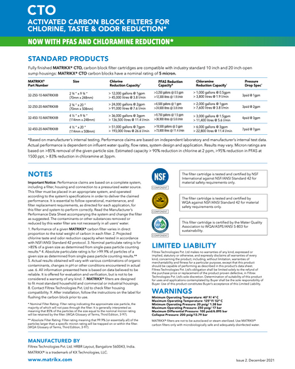 Technical datasheet for Matrikx CTO activated carbon block filters with PFA and chloramine reduction capabilities.