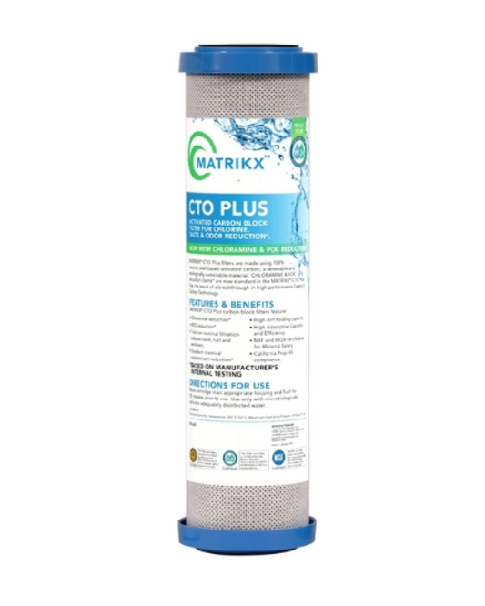 Matrikxx CTO Plus carbon block filter cartridge on a white background