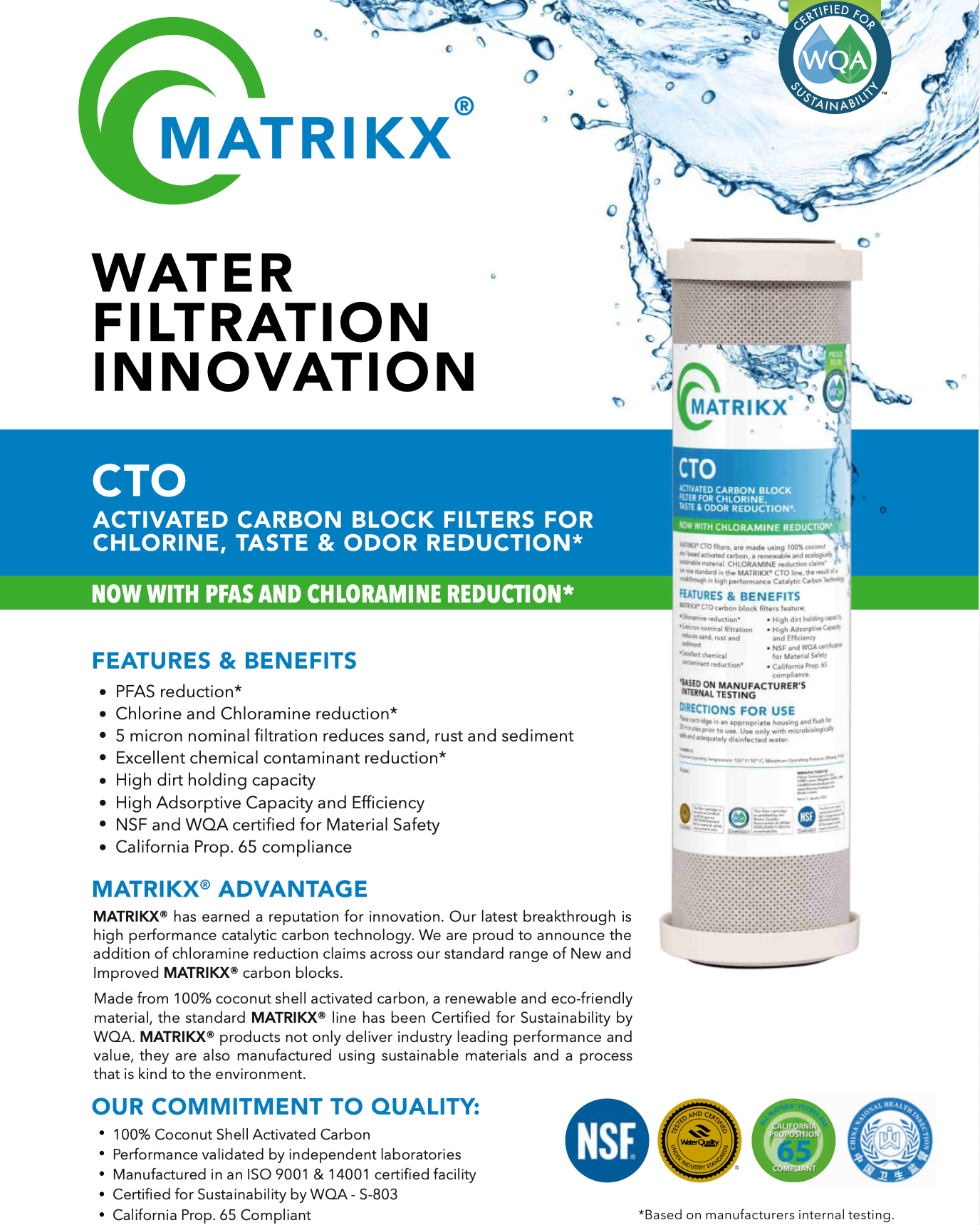 Matrixx water filtration cartridge with branding and product features on a blue background