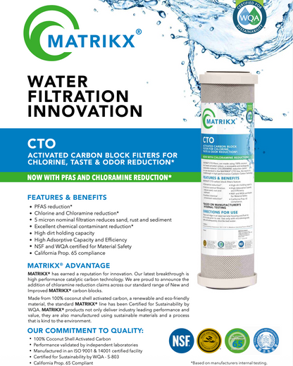 Matrixx water filtration cartridge with branding and product features on a blue background