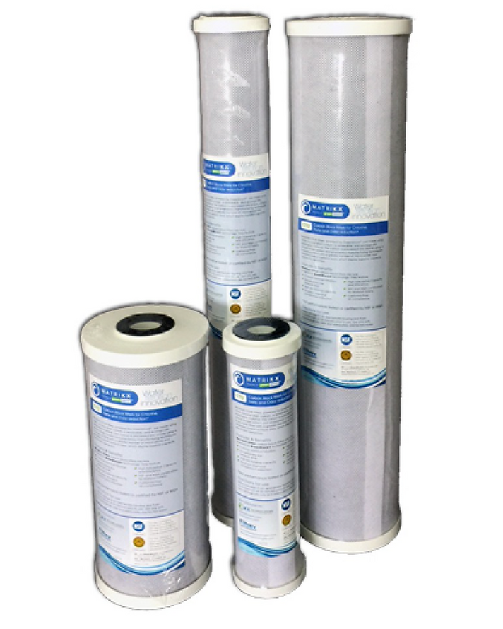 Four cylindrical Matrixx Carbon filter cartridges with labels on a white background