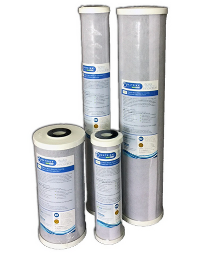Four cylindrical Matrixx Carbon filter cartridges with labels on a white background