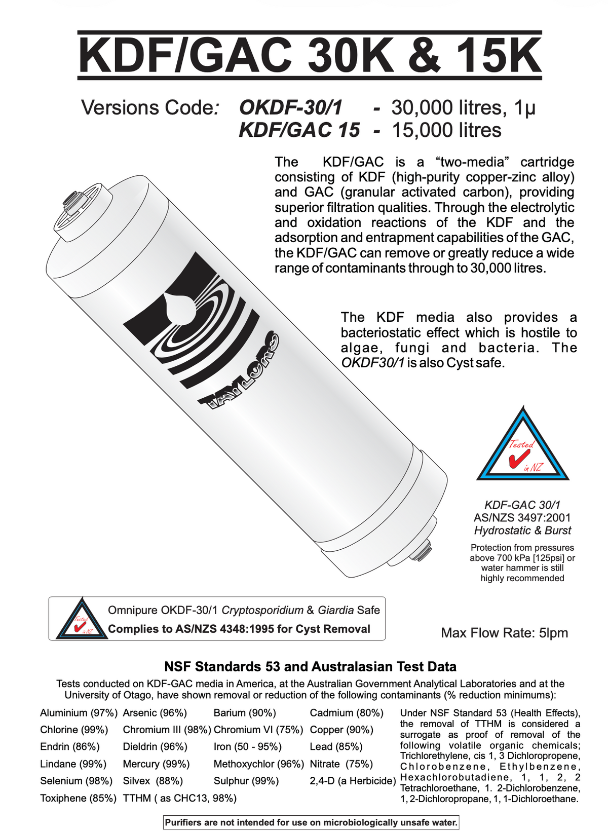 OKDF 30/1 KDF/GAC cartridge technical information and supplier test data