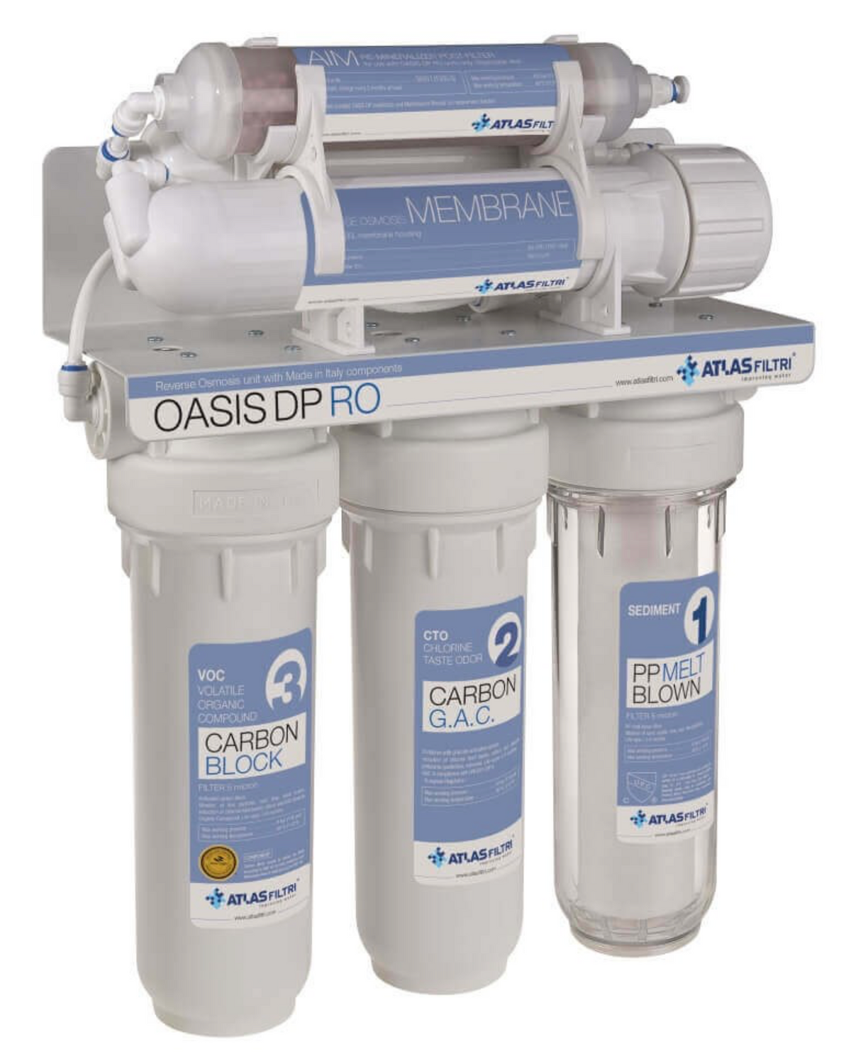 Atlas Filters Oasis DP RO water filter system with four white filter cartridges, including Carbon Block, Carbon G.A.