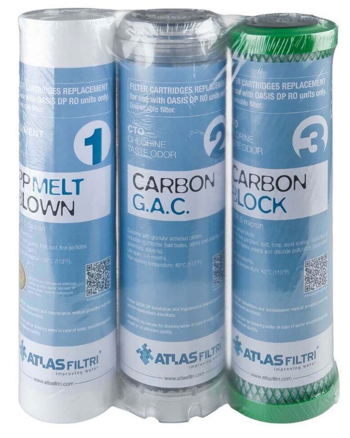 Oasis Underbench RO 10" Replacement Filter Cartridges  in a shrink-wrapped plastic. 