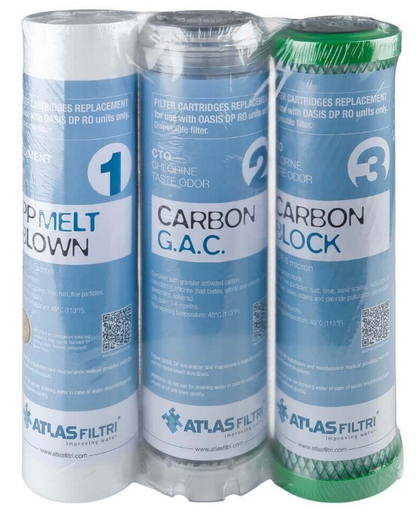 Oasis Underbench RO 10" Replacement Filter Cartridges  in a shrink-wrapped plastic. 
