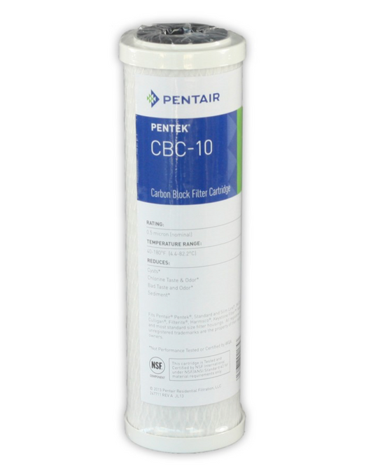 Pentair Pentek CBC-10 Carbon Block Filter Cartridge in a white cylindrical plastic canister with a blue and white label, isolated on a white background.