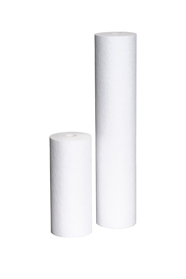 Two cylindrical white poly spun filters on a white background