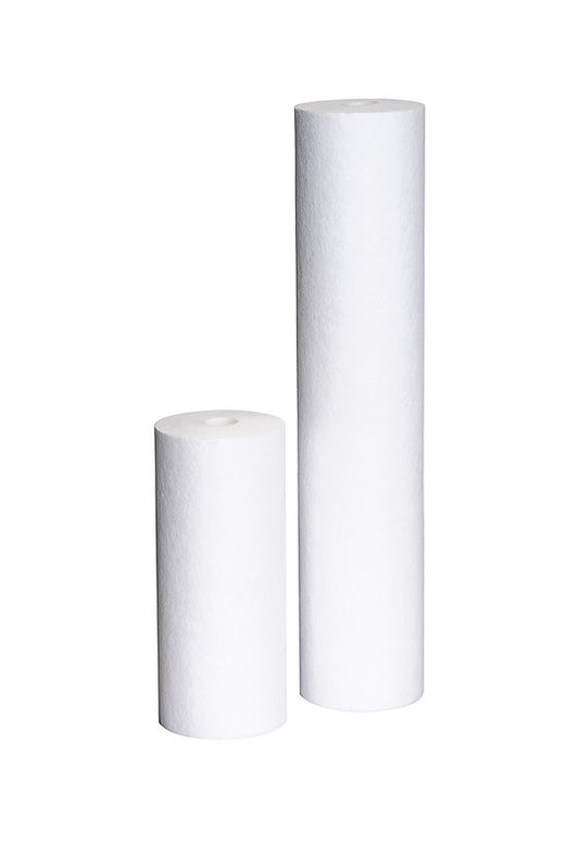 Two cylindrical white poly spun filters on a white background