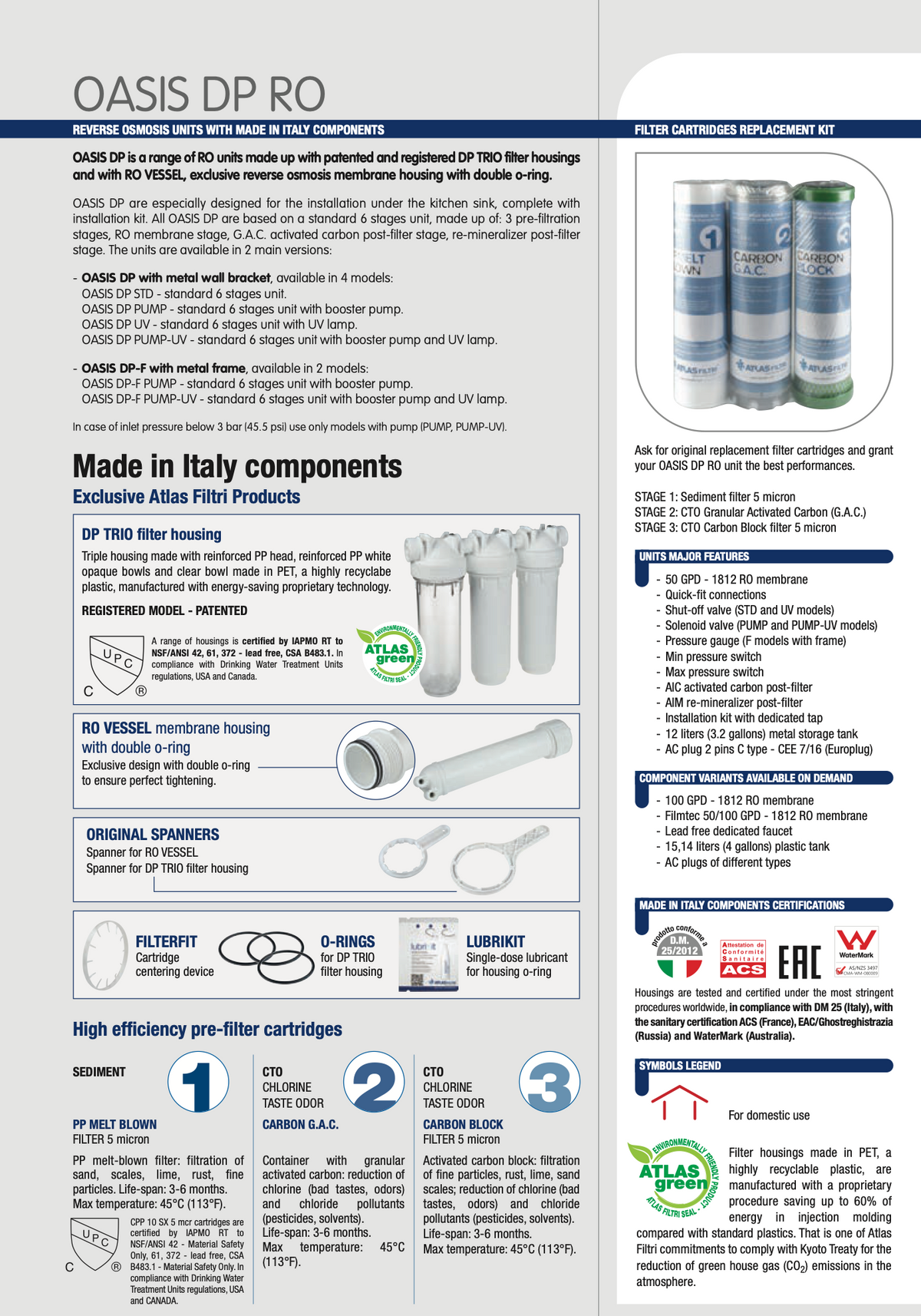 A product catalog page for OASIS DP RO filter cartridges, featuring product specifications, compatibility details, and a selection of cartridge models with brand logos on a white background.