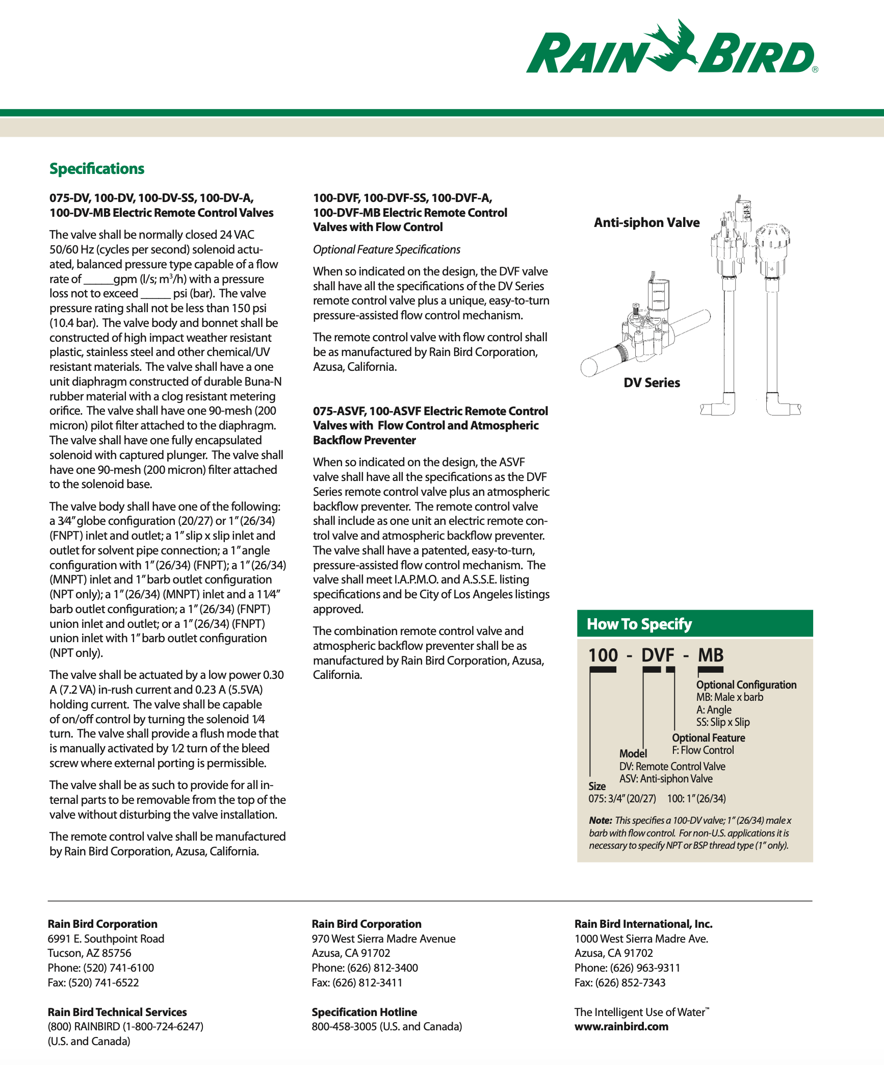 Rain Bird DV/DVF Valve product specifications sheet with valve diagram and text.