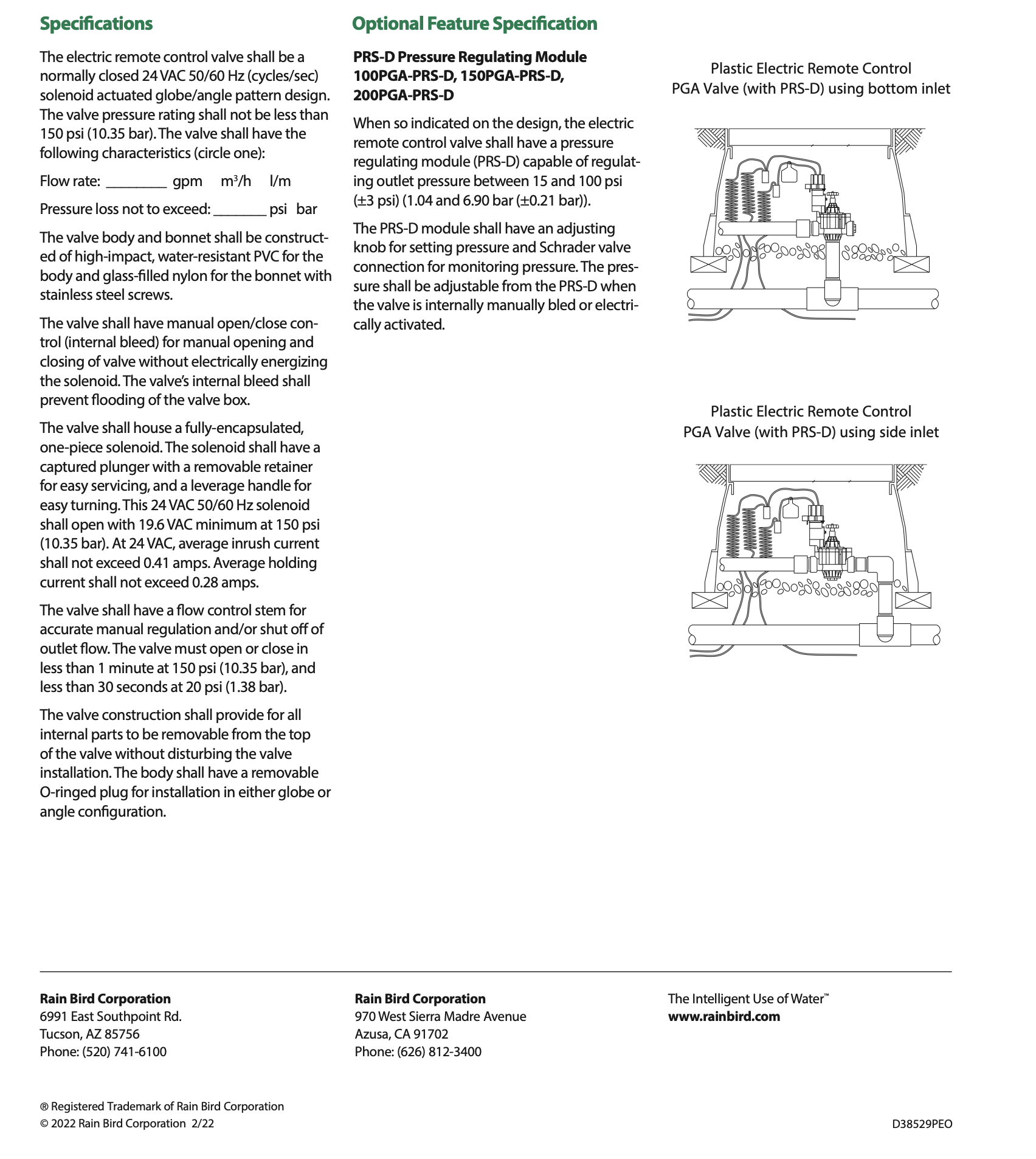 Rain Bird PGA Solenoid Valves Specification Sheet