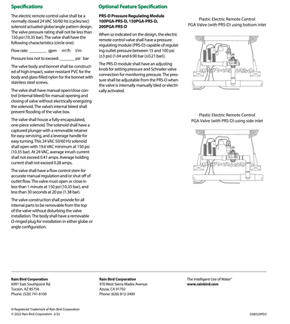 Rain Bird PGA Solenoid Valves Specification Sheet