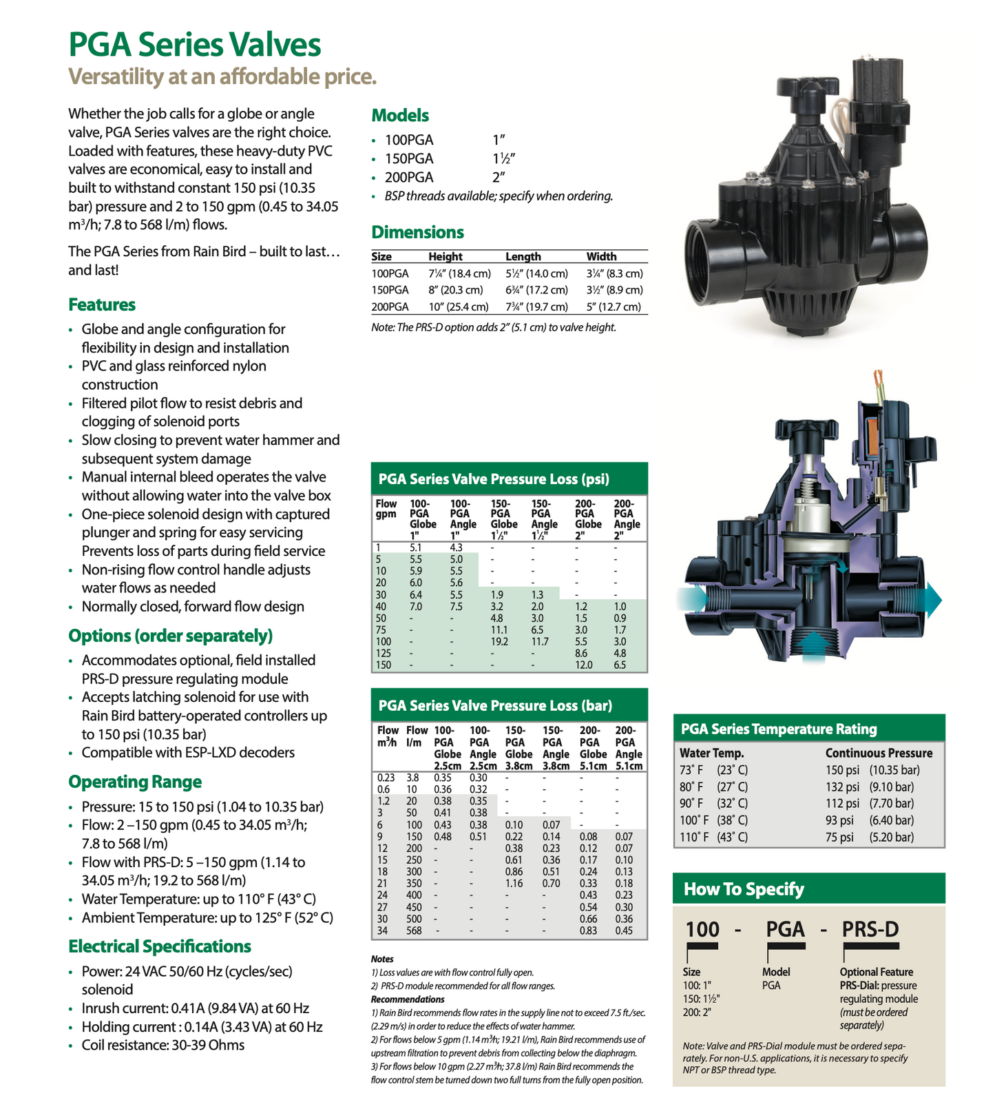 Rain Bird PGA Solenoid Valves Specifications