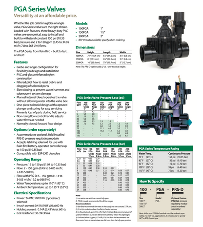 Rain Bird PGA Solenoid Valves Specifications
