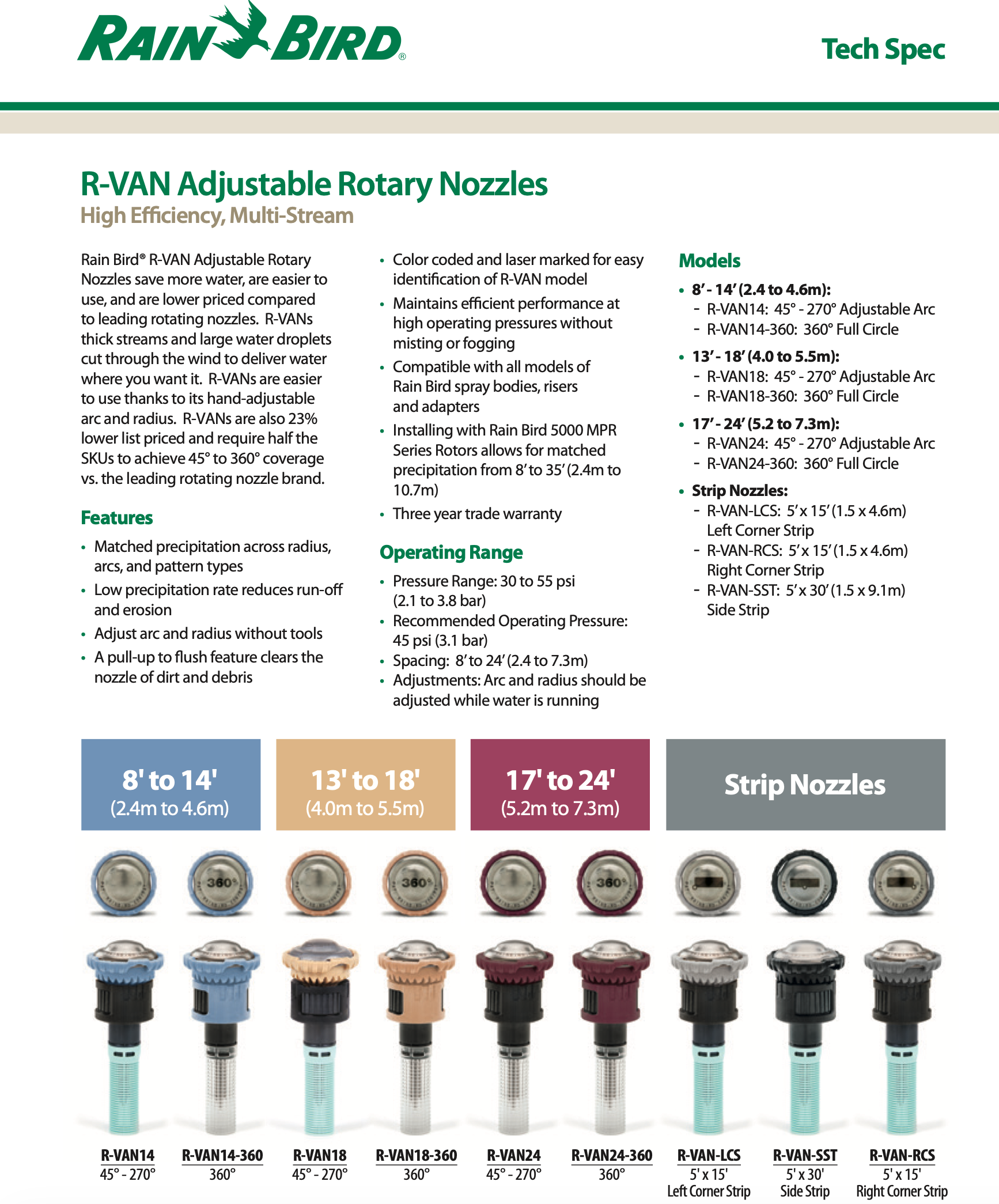 Rain Bird R-VAN Adjustable Rotary Nozzles technical specification sheet with nozzle illustrations.