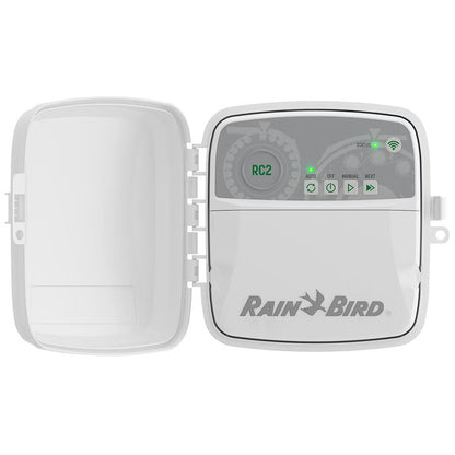 Rain Bird irrigation RC2 controller with cover on a white background
