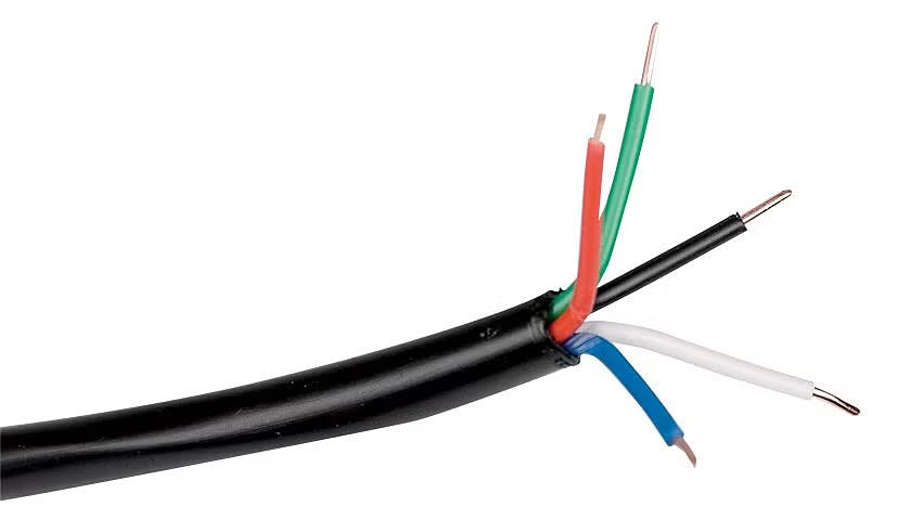 Close-up of a black cable with multicolored wires on a white background