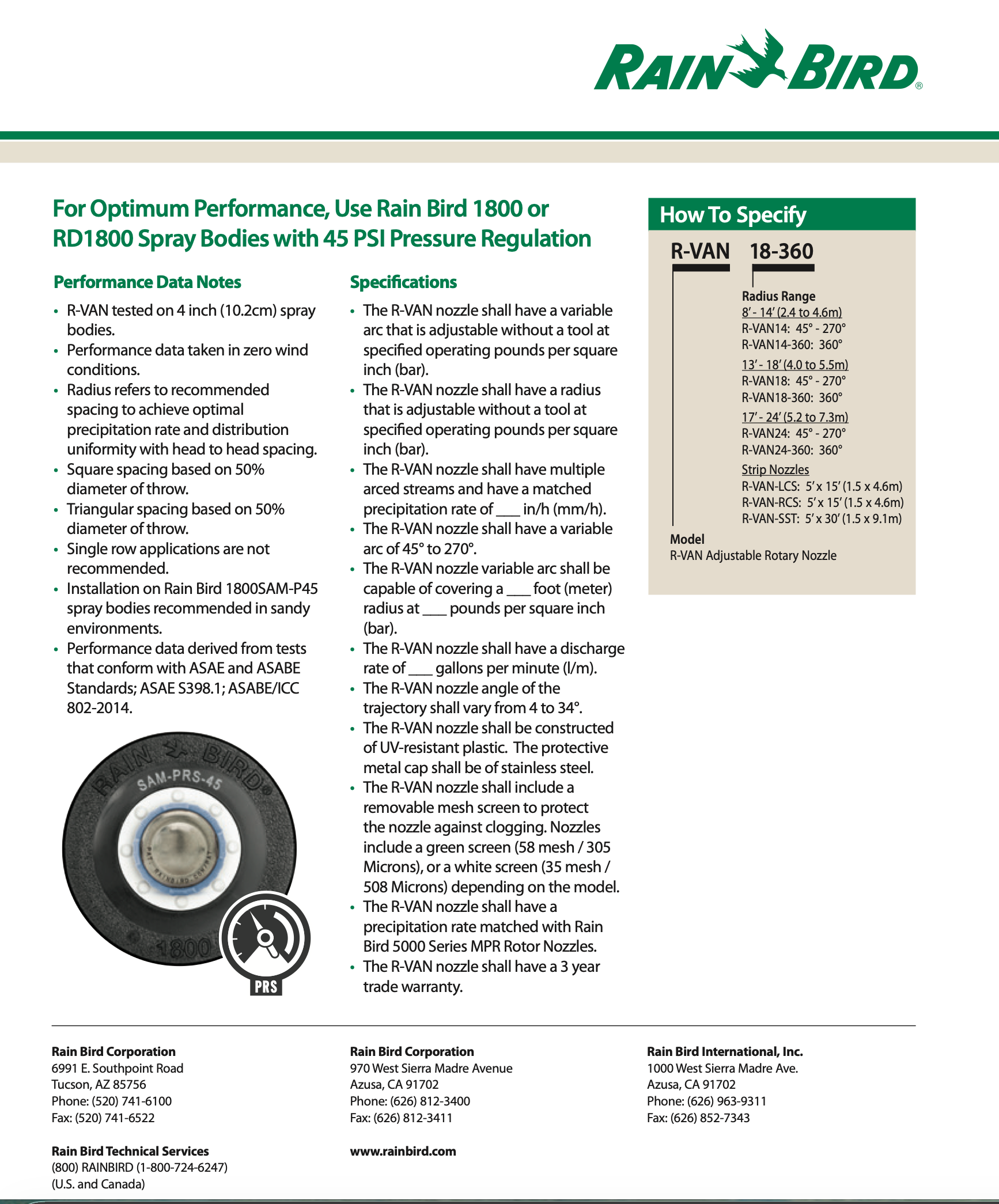 Rain Bird spray nozzle specification for 1800 Series  sheet with performance data and how to specify details.