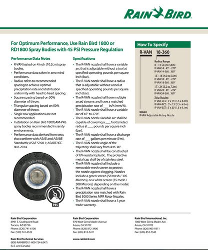 Rain Bird spray nozzle specification for 1800 Series  sheet with performance data and how to specify details.