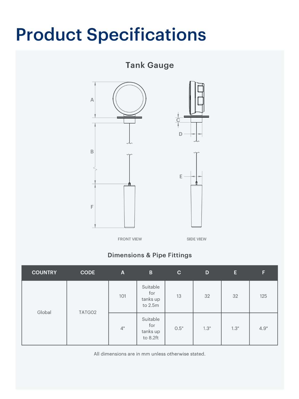 Rain Harvesting Tank Gauge Product Specifications