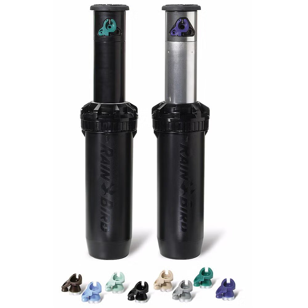 Two black Falcon 6504 rain bird sprinkler heads with additional nozzles on a white background